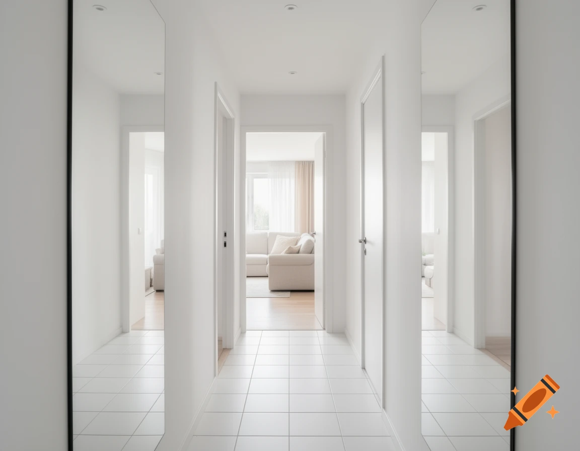 A modern, minimalist hallway with white tiled floors and white walls. Mirrors on the side walls reflect the corridor, making it appear longer, leading to rooms with a light-colored sofa and windows.