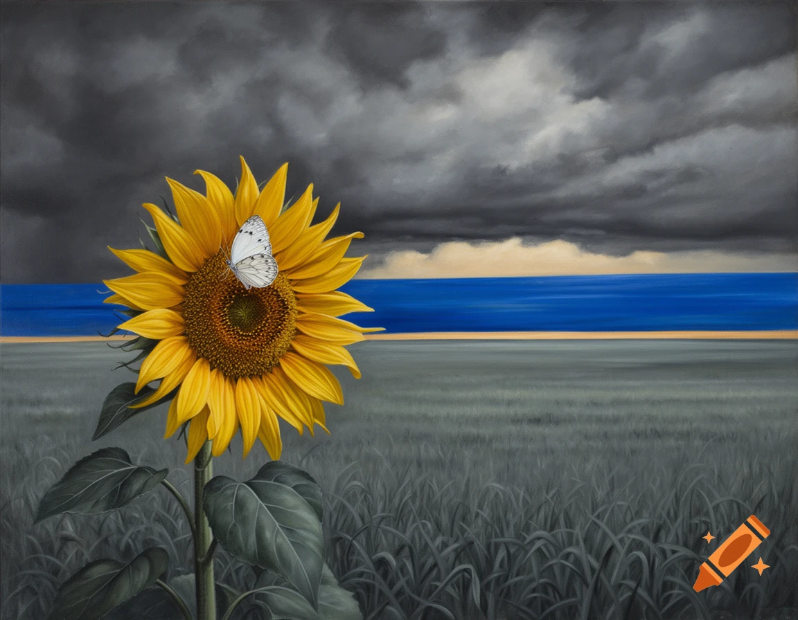 A vibrant yellow sunflower with a white butterfly stands in a gray field under a stormy sky, a blue horizon line visible. Painting.