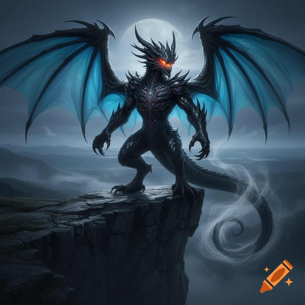 A majestic dark dragon-like creature with glowing red eyes and large blue wings stands on a rugged cliff under a full moon, overlooking a misty mountain landscape.