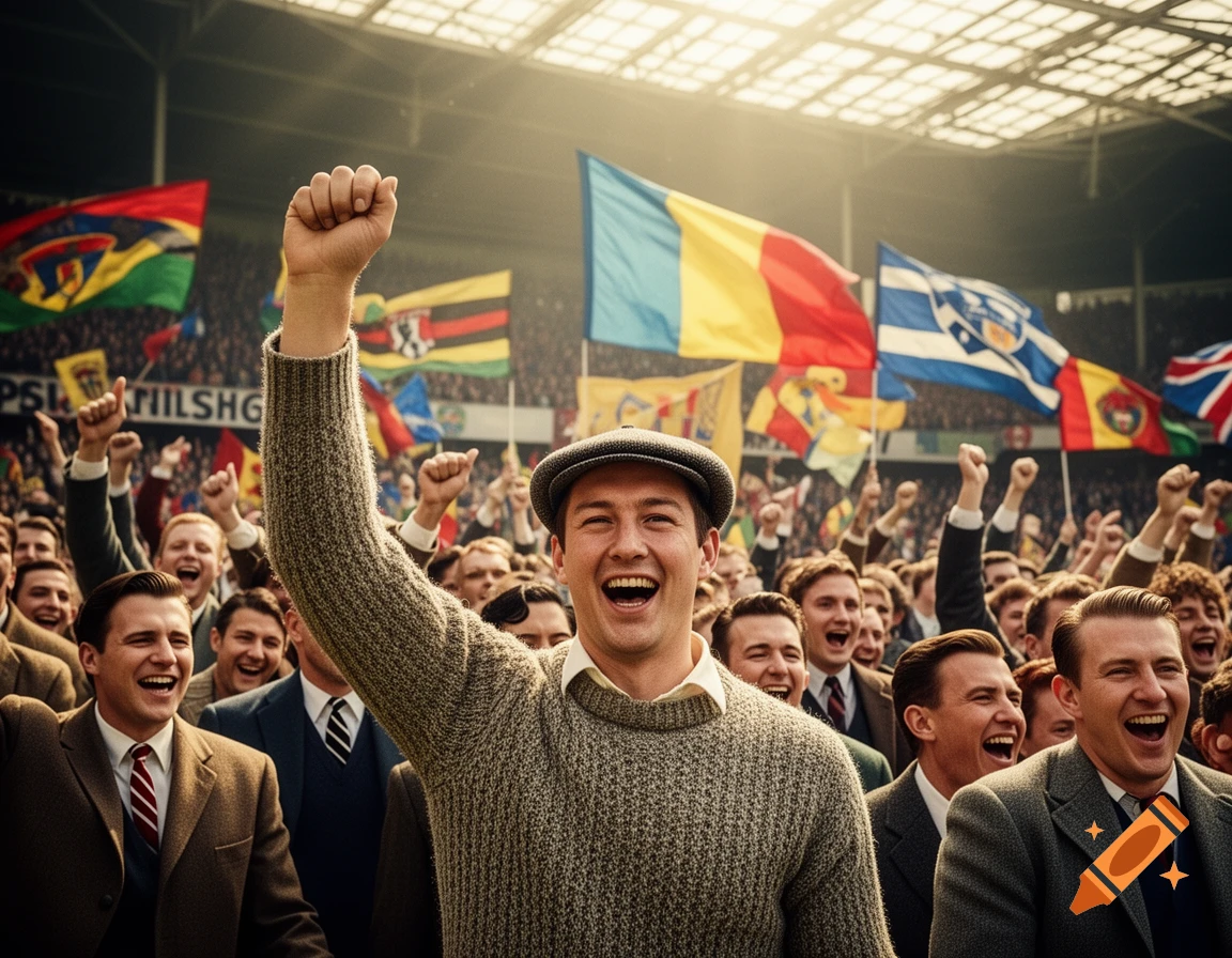 Cheering football fans in a stadium, dressed in 1960s style clothing, with a man in a flat cap and sweater raising his fist in the foreground.
