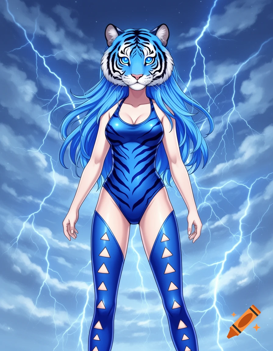 Anime character with a blue tiger head, blue hair, and a blue tiger-striped bodysuit with lightning in the background.