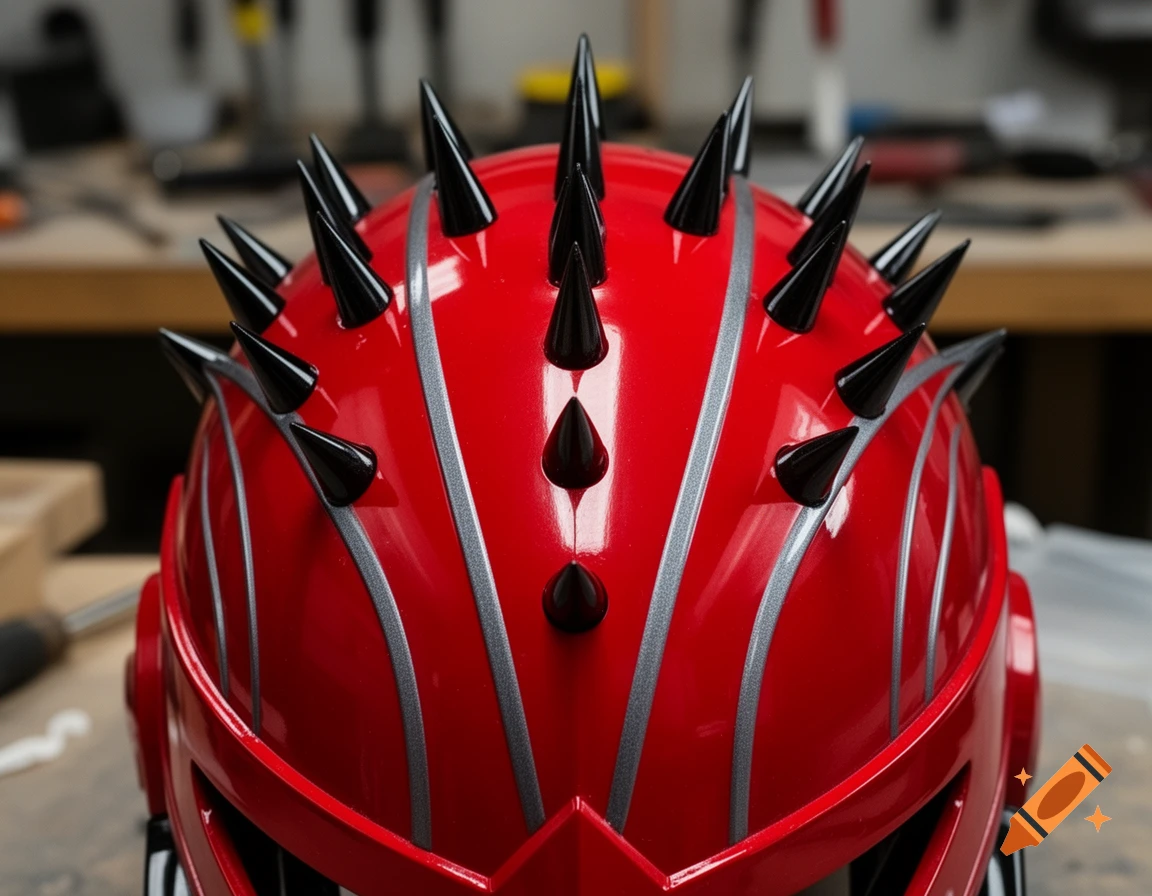 A close-up shot of a shiny red helmet adorned with numerous black spikes and silver stripes.
