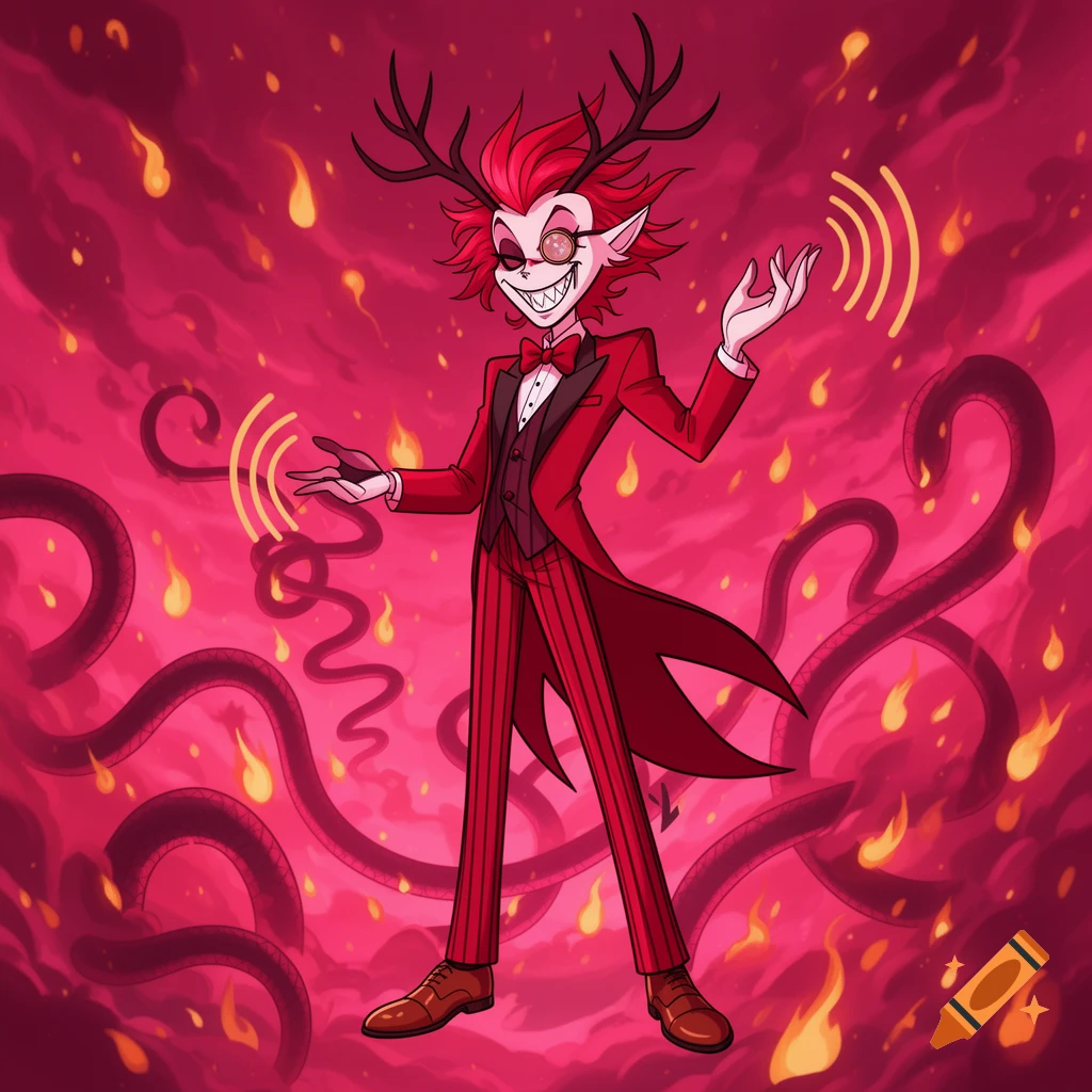 A stylized red-haired demon in a red pinstripe suit with antlers and a monocle stands against a fiery red background with dark tendrils and glowing sound waves.