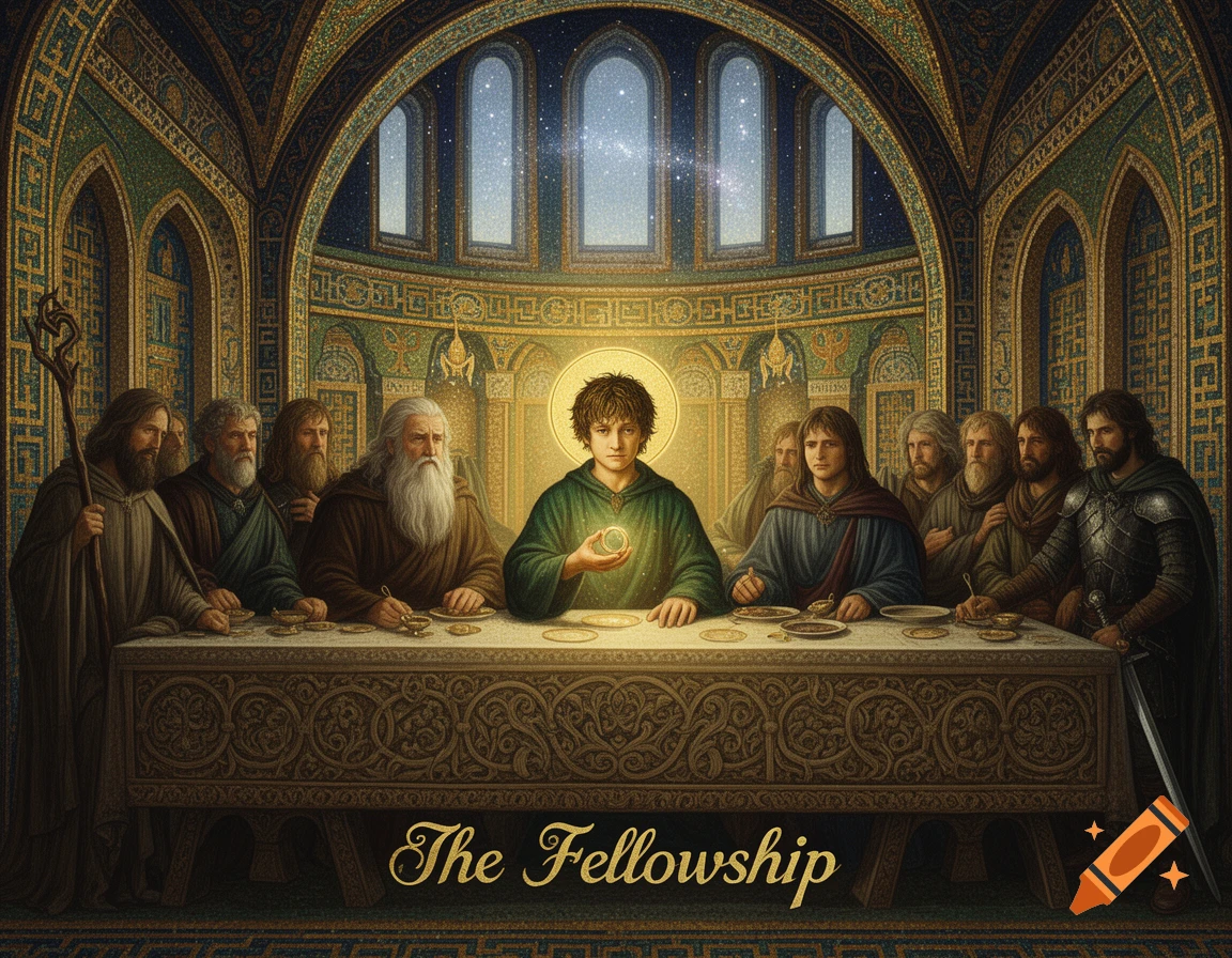 Byzantine-style painting of Lord of the Rings characters at an ornate table in a grand hall, with Frodo holding a glowing object.