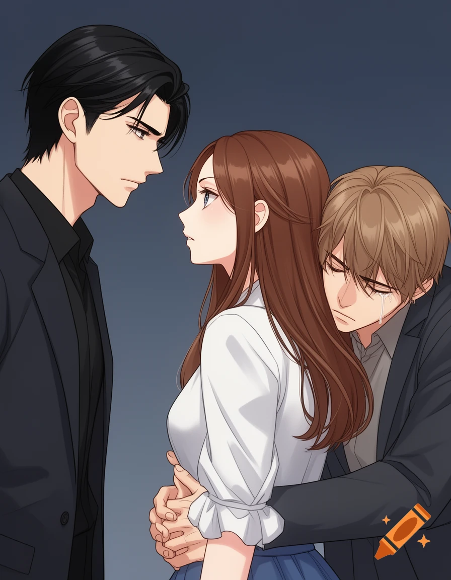 Webtoon illustration of a dramatic scene: a black-haired man looks at a woman held from behind by a crying, light brown-haired man.