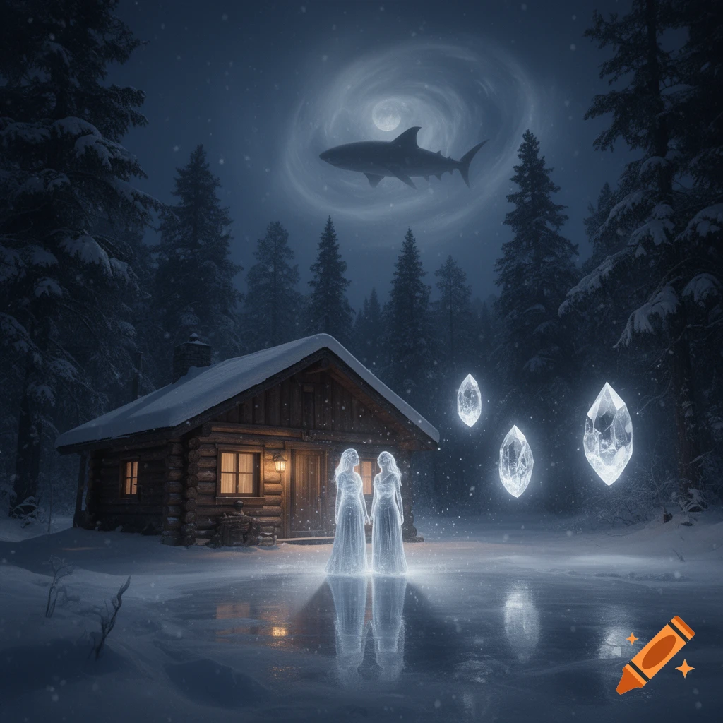 Two glowing, ethereal women stand on ice outside a snowy log cabin in a moonlit forest with floating crystals and a shark in the sky.