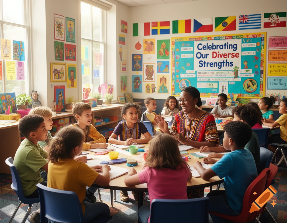 A diverse teacher and children laughing in a brightly lit classroom decorated with flags and student art.