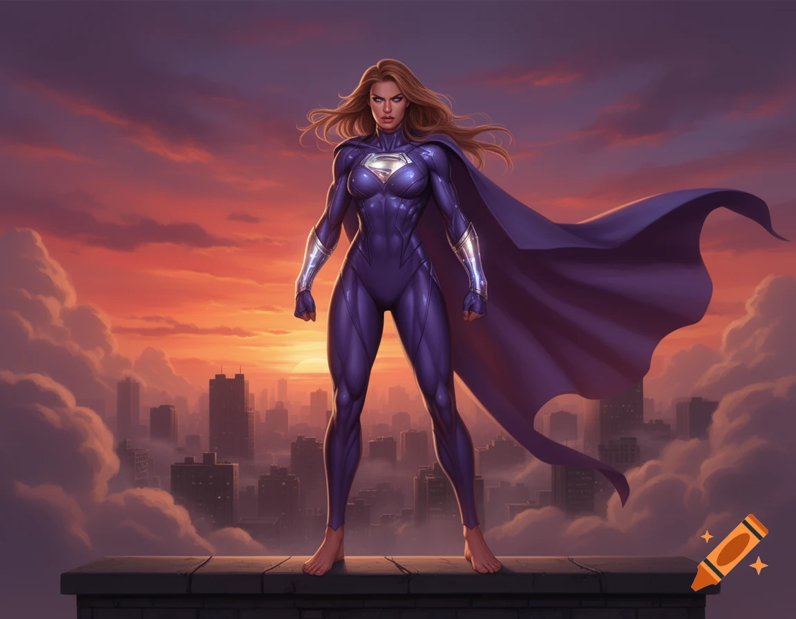 Female superhero in a purple suit and cape stands barefoot on a rooftop against a fiery sunset city skyline in comic art style.