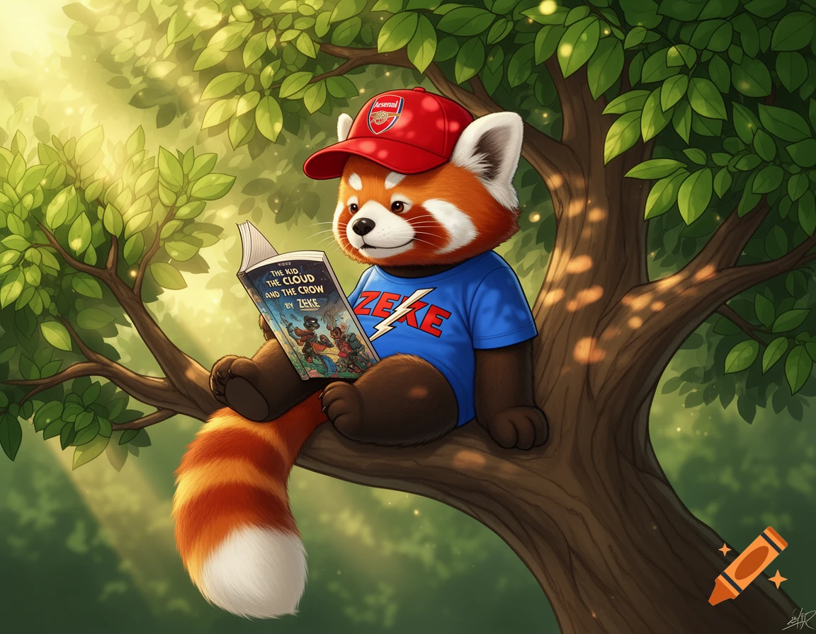 A cute cartoon red panda wearing an Arsenal cap and a blue t-shirt with 'ZEKE' sits in a tree, reading a book titled 'The Kid, The Cloud and The Crow'.