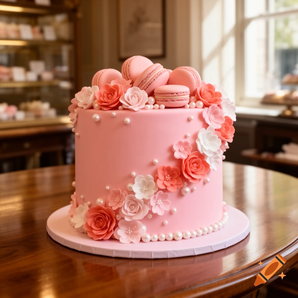 A beautiful pink cake decorated with pink and white sugar flowers, white pearls, and pink macarons on a wooden table.