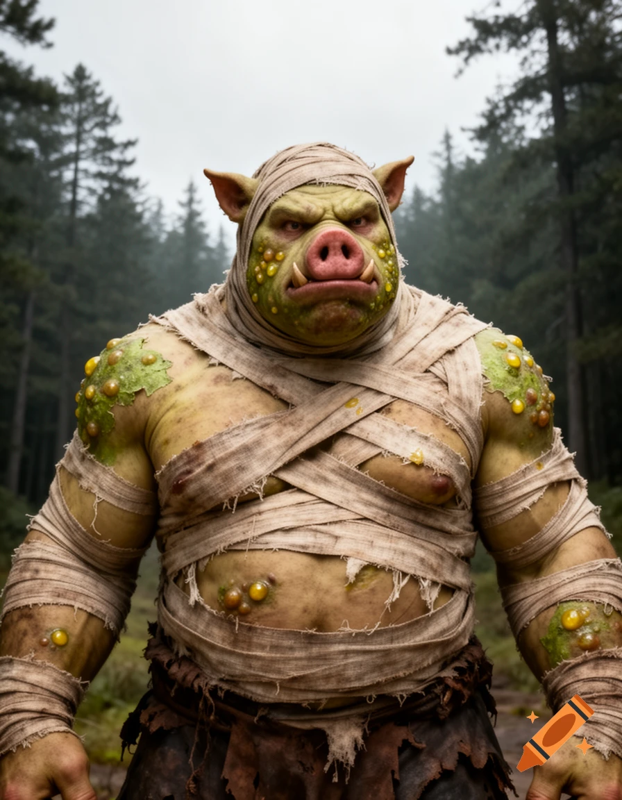 A grotesque pig-faced orc-like creature with green skin and yellow boils, wrapped in mummy-like bandages, stands in a forest.