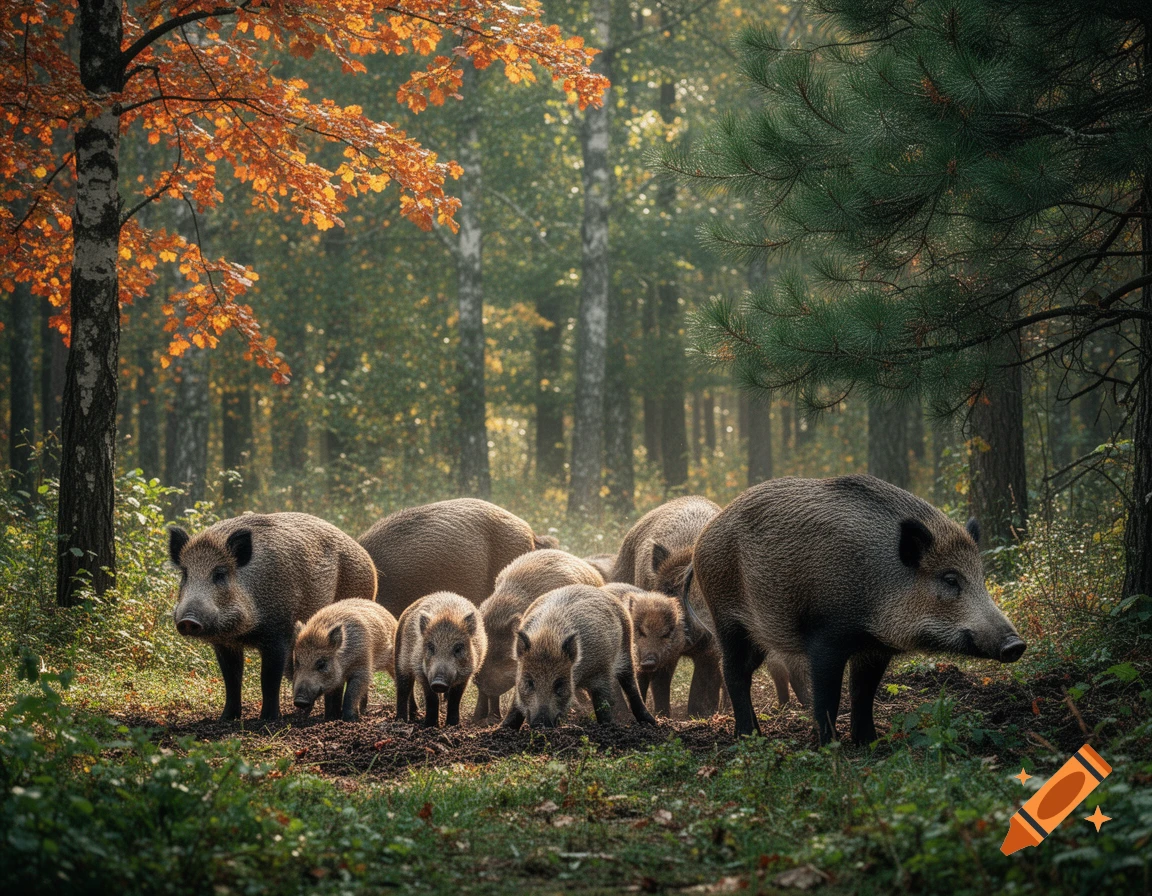 A herd of wild boars, including adults and piglets, in a sunlit mixed forest with autumn leaves, photorealistic.