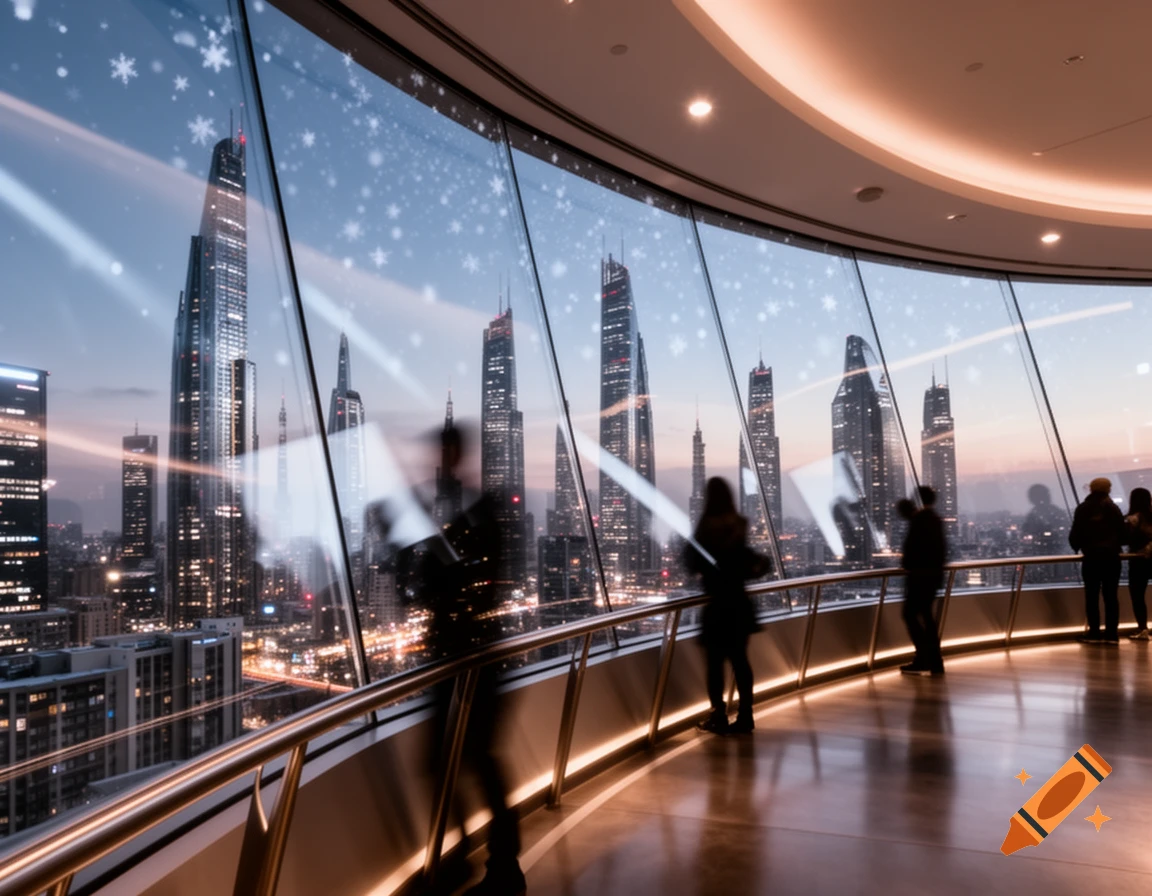People look out from a modern, curved glass viewing deck at a sprawling city skyline during dusk, with snowflakes on the window.