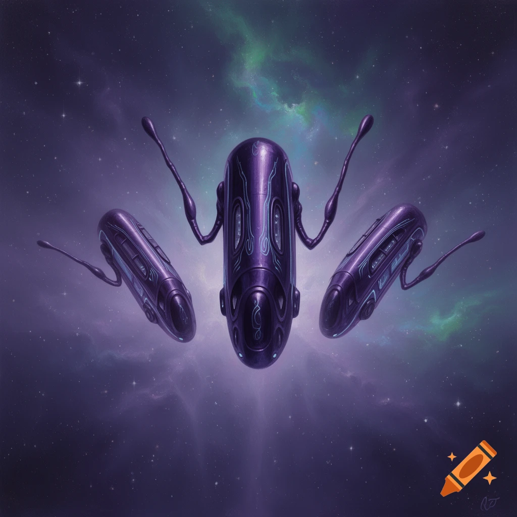 Three dark purple, oblong aliens with long arms float in a star-filled space with a green nebula.