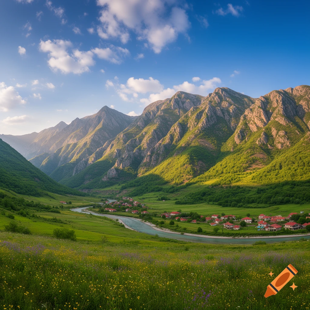 A vibrant green valley with a winding river and a village of red-roofed houses, surrounded by towering mountains under a bright blue sky.