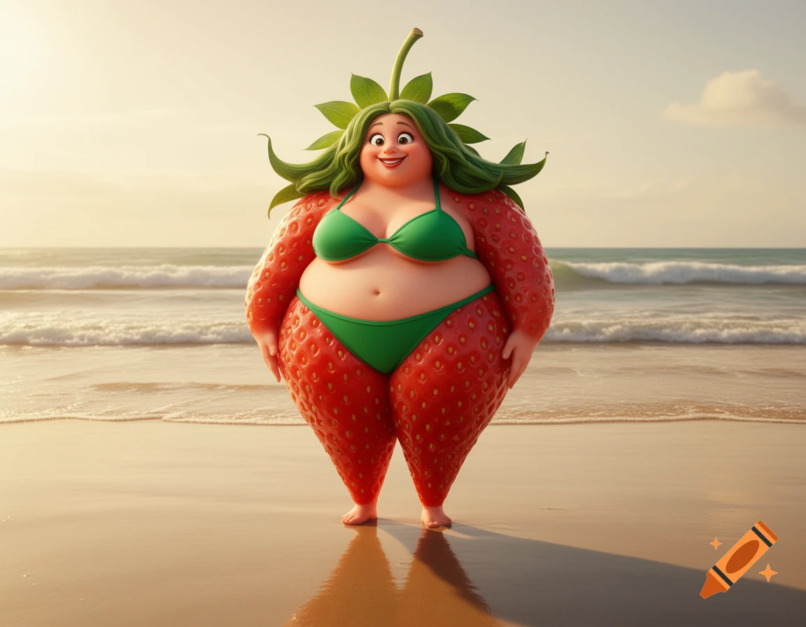 A plump, anthropomorphic strawberry woman with green leafy hair wears a green bikini on a sunny beach.