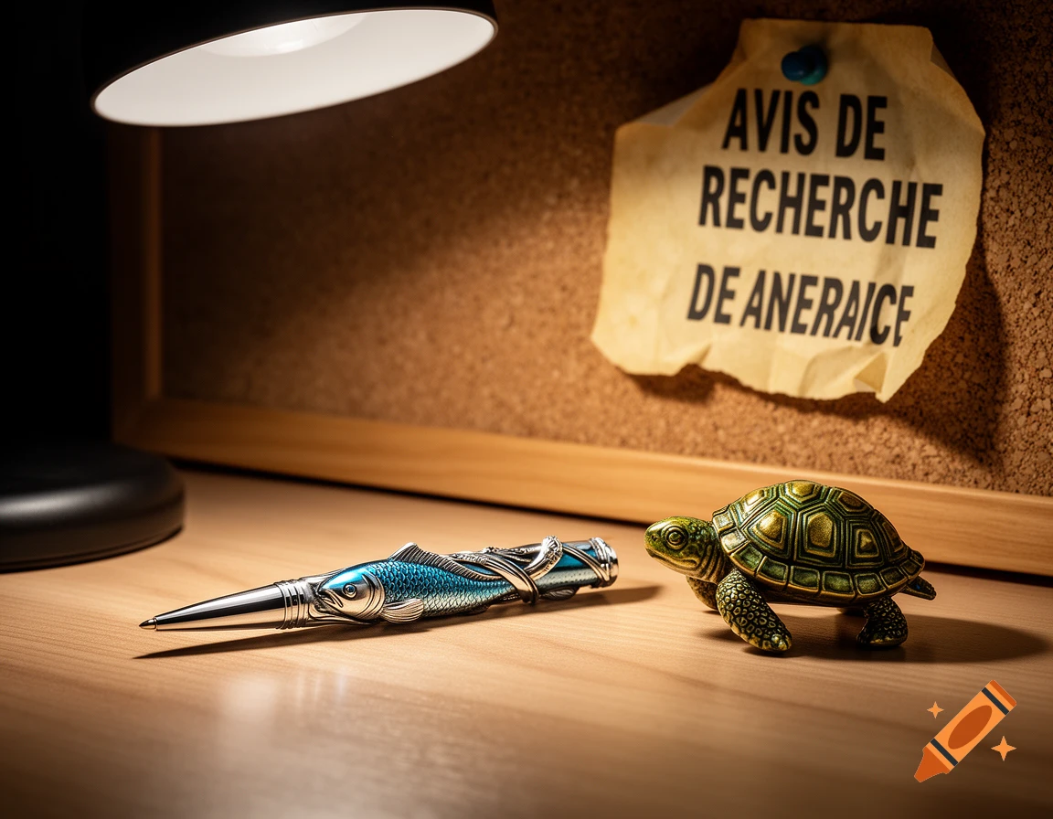 A desk lamp illuminates a wooden desk with a fish-shaped pen, a turtle figurine, and a 'wanted notice' pinned to a cork board.