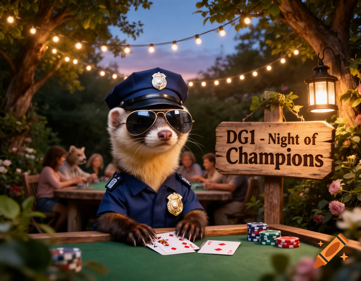 A ferret dressed as a police officer deals poker cards at a garden tournament under string lights, with a sign reading "DG1 - Night of Champions."