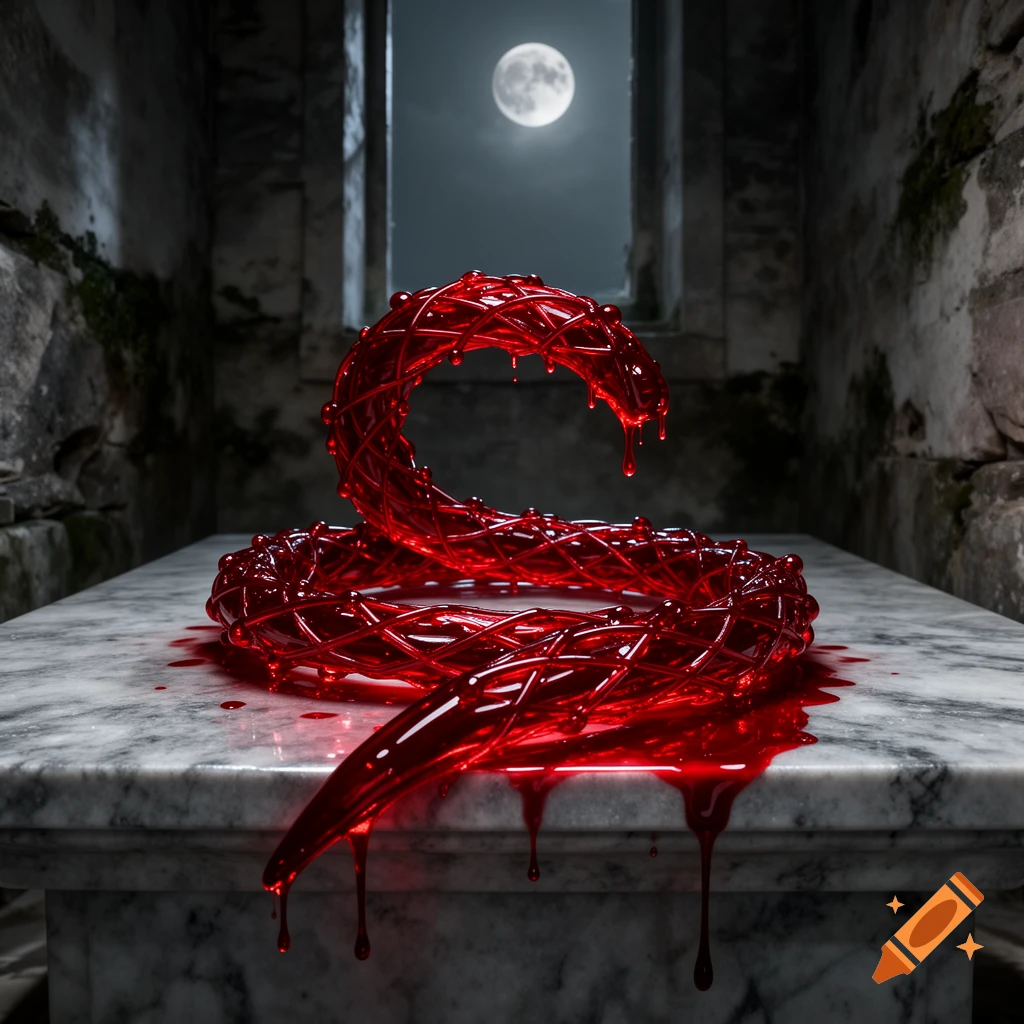 A coiled, blood-red, translucent whip-like object drips on a marble slab in a moonlit, gothic room.