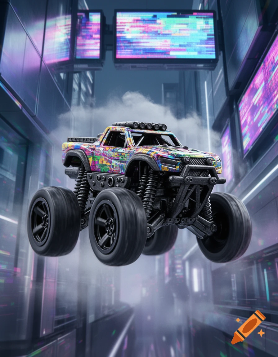 A colorful glitch-patterned monster truck floats in a futuristic cyberpunk city with glowing screens.