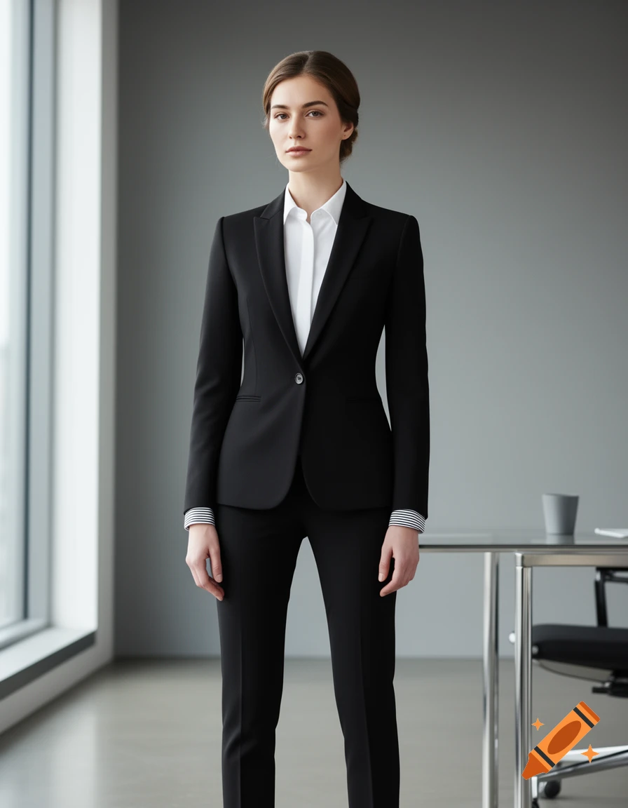 A woman in a black business suit and white shirt stands in a modern office with a large window.