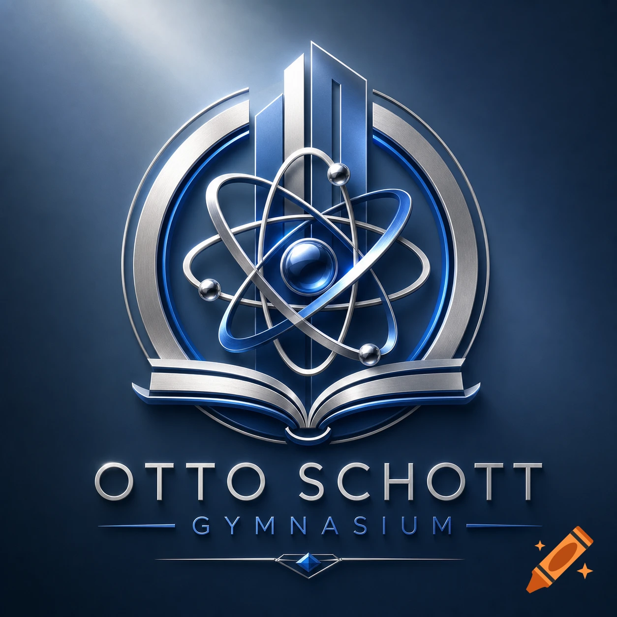 Metallic logo for Otto Schott Gymnasium featuring an atom, building, and open book in silver and blue.