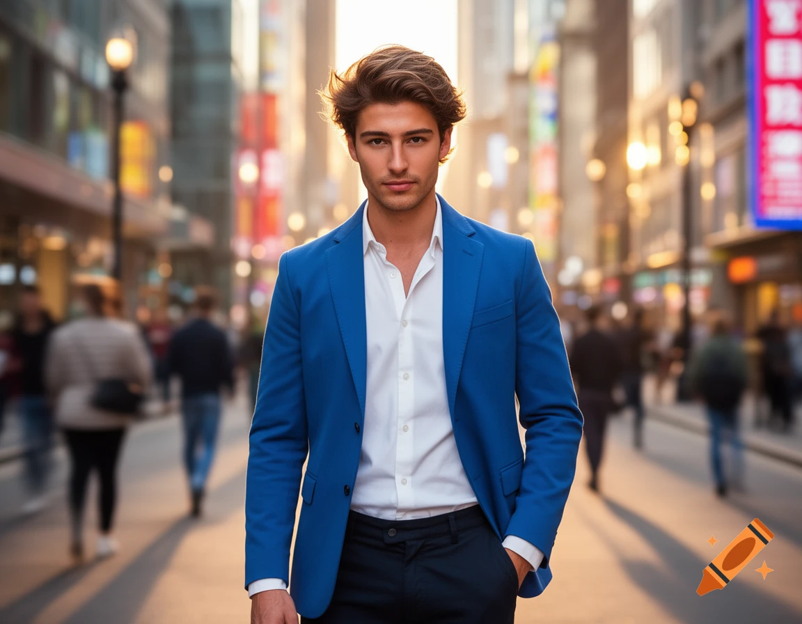 A man in a blue blazer and white shirt stands confidently on a city street during sunset, with blurred buildings and people in the background.
