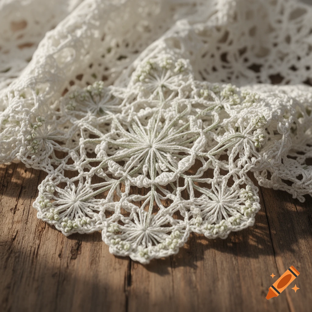 Close-up of white crochet lace with delicate green accents, resembling Queen Anne's Lace, draped over a textured wooden surface.