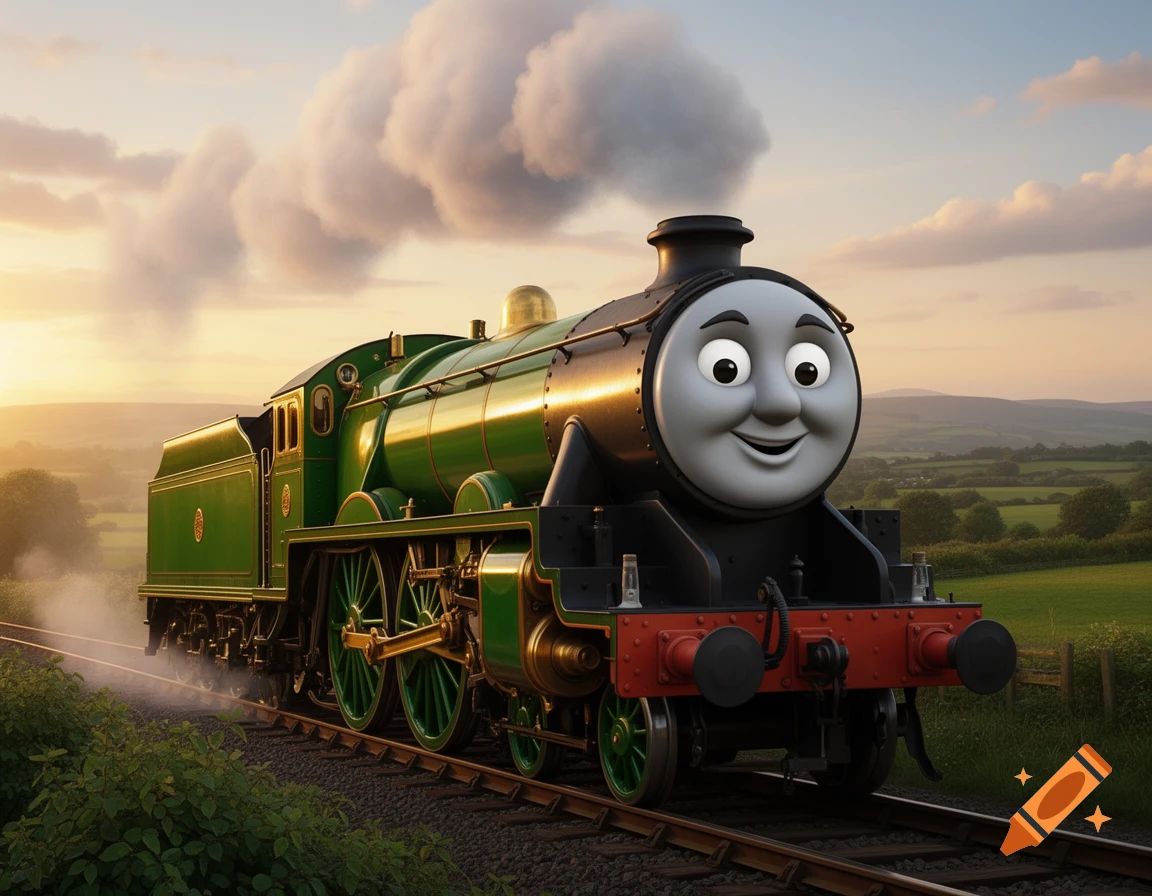 A green steam train with a cartoon smiling face on its front, like Thomas the Tank Engine, travels through a green countryside at sunset.