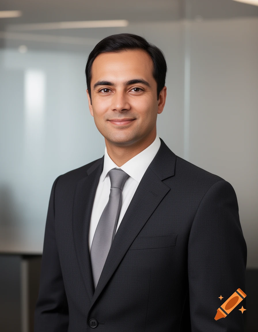 A smiling man in a dark suit and grey tie in a professional head-and-shoulders portrait against a modern office background.