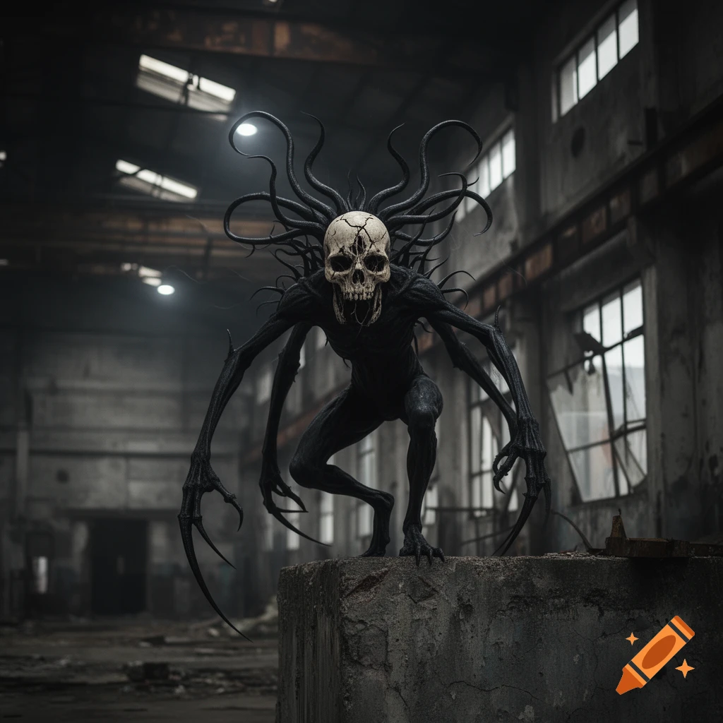 A black spider-like creature with a mangled skull face and long, spiked limbs crouches on a concrete block in a dark, dilapidated warehouse.