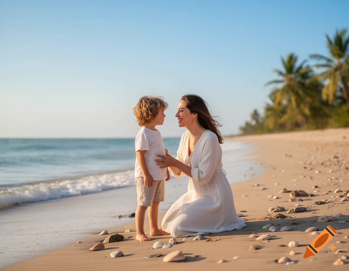 A mother kneels on a sandy beach, smiling at her young son standing beside her, with the ocean and palm trees in the background.