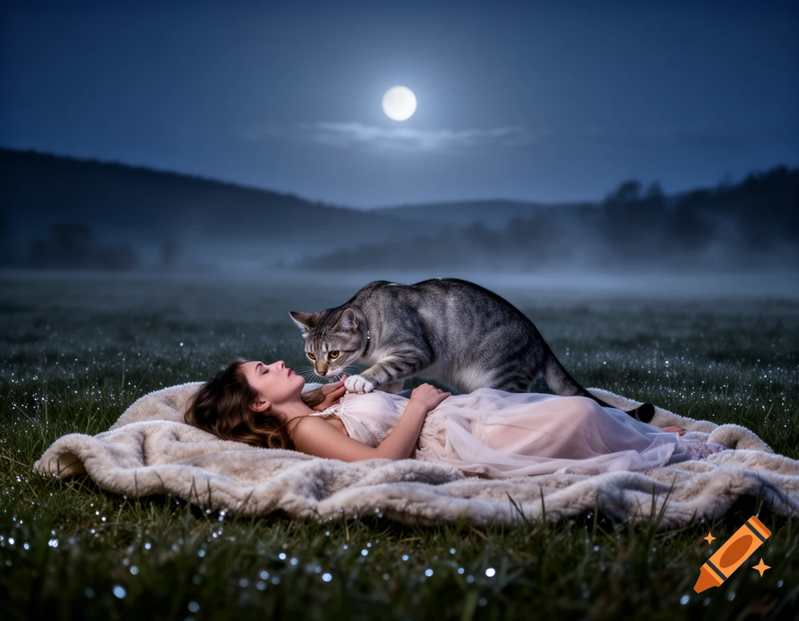 A woman in a sheer dress lies on a blanket in a moonlit field, while a large tabby cat sniffs her chest.