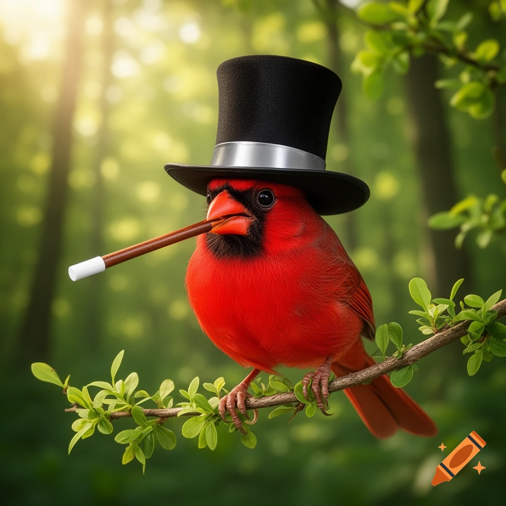 A photorealistic red cardinal bird wearing a black top hat, holding a brown wand in its beak, perched on a leafy branch in a sunny forest.
