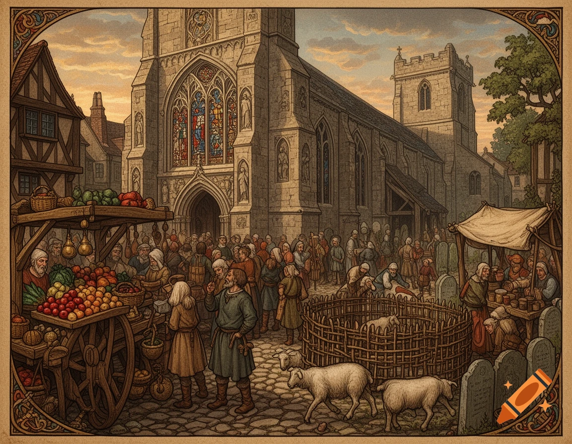 A detailed medieval illustration of a bustling market square outside a stone church, with peasants, vendors, fruit carts, and sheep.