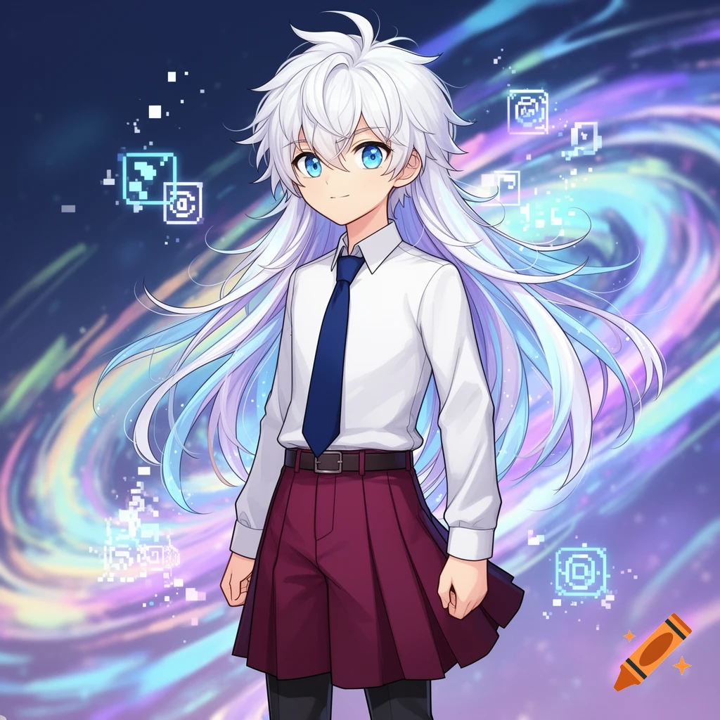 An anime character with long white and blue hair, bright blue eyes, wearing a white shirt, blue tie, and maroon pleated skirt, against a swirling galaxy background with digital pixels.