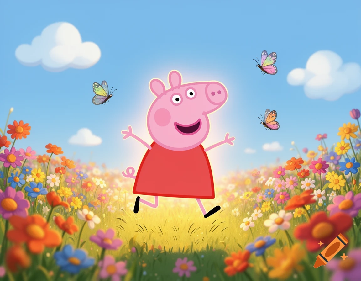 Peppa Pig joyfully runs through a vibrant field of colorful flowers under a sunny blue sky, with butterflies.