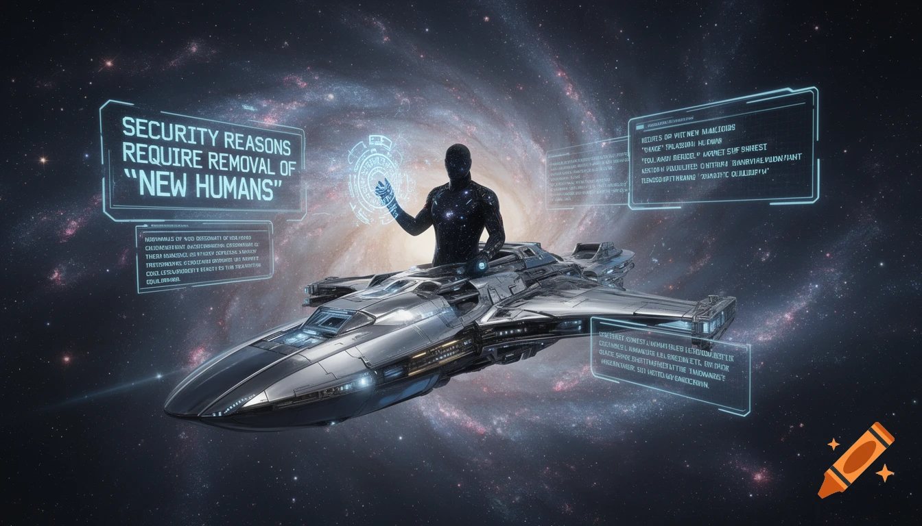 A humanoid figure in a detailed spaceship hovers in front of a galaxy, interacting with glowing holographic screens in space.
