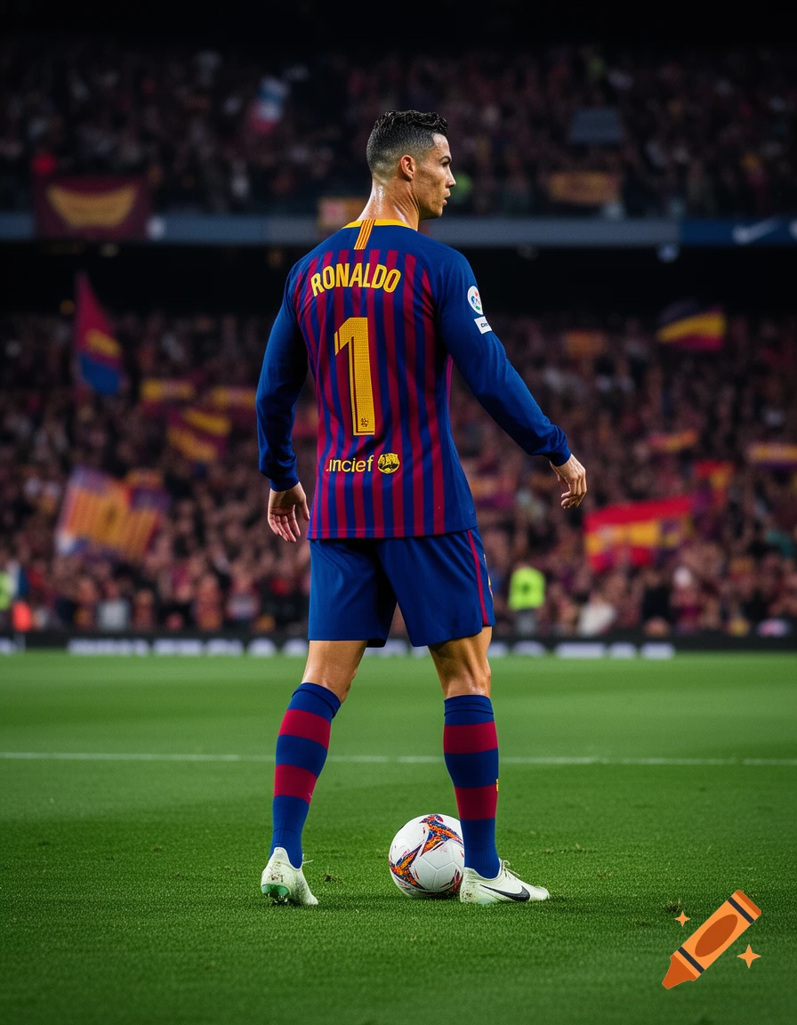 Ronaldo in a blue and red striped jersey and shorts, standing with a soccer ball on a green field in a stadium.