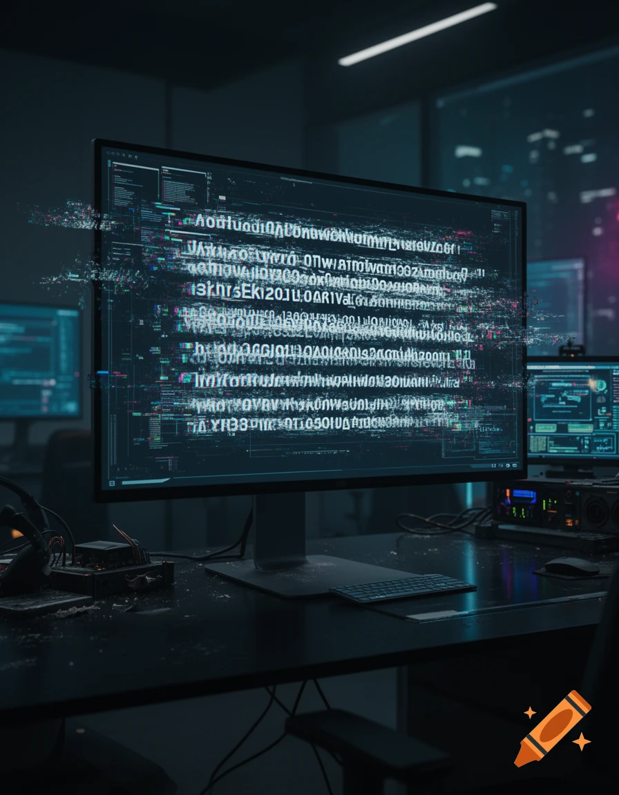 A dark, moody shot of a computer monitor displaying abstract, glitching code, surrounded by other monitors and equipment in a control room.