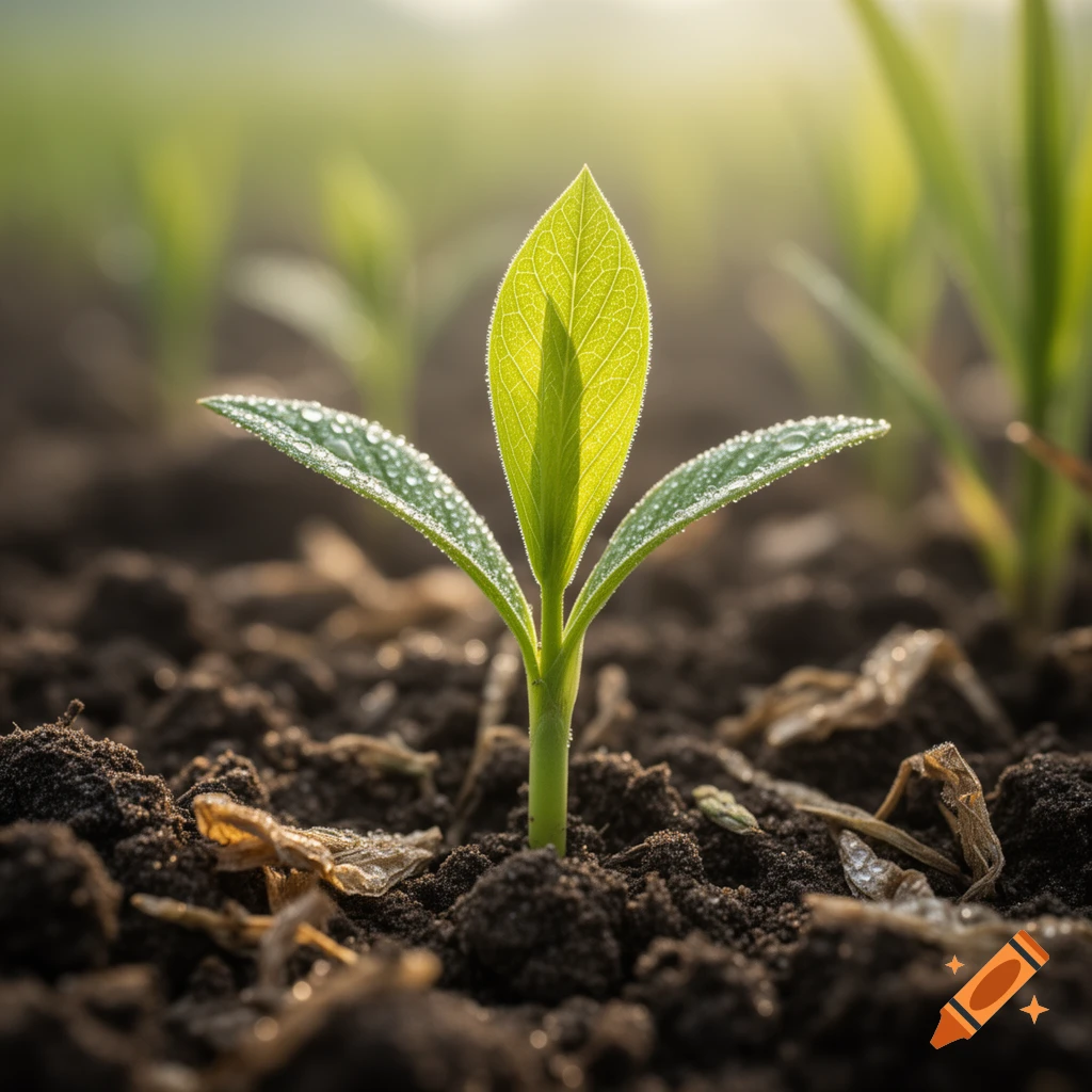 A young green plant sprout with dew drops on its leaves grows in dark soil, illuminated by soft sunlight.