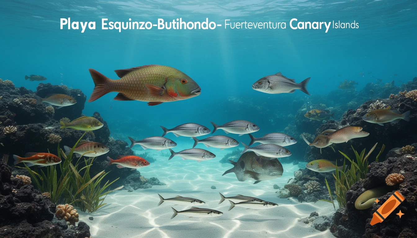 Photorealistic underwater scene of coral reefs with many fish species and a moray eel, featuring text identifying the location.