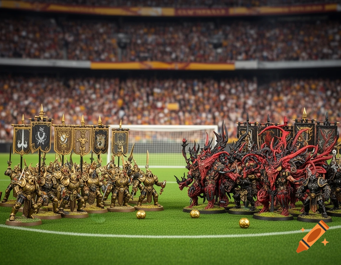 Two armies of Warhammer Age of Sigmar miniatures, one golden and one red and black, face off on a soccer field with golden balls.