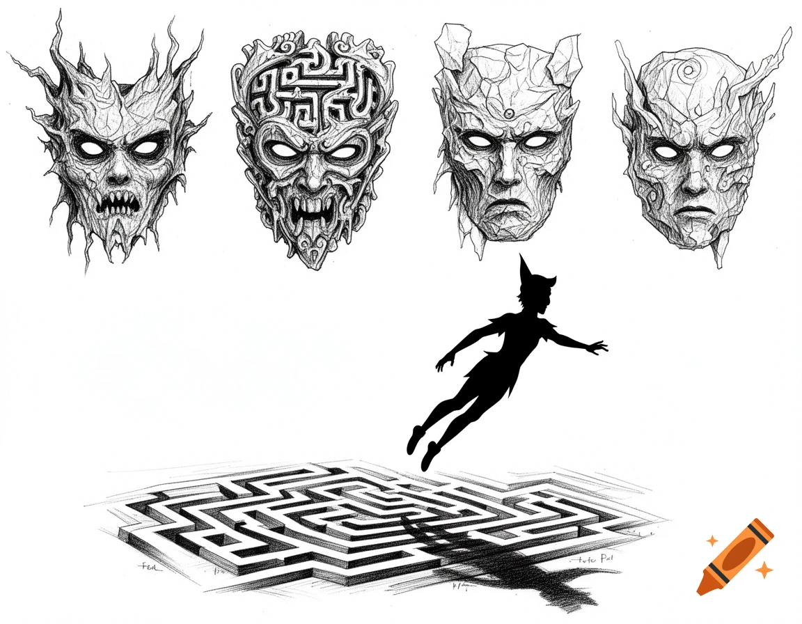 Pen and ink sketch featuring four menacing masks above, a silhouette of Peter Pan flying over a maze with faint text like 'Peter Pan' and 'tea'.