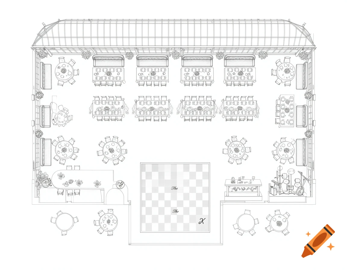 Overhead line drawing of a wedding reception floor plan in an orangery, showing round and rectangular tables, a bar, a stage, and a checkered dance floor with 'The X' text.