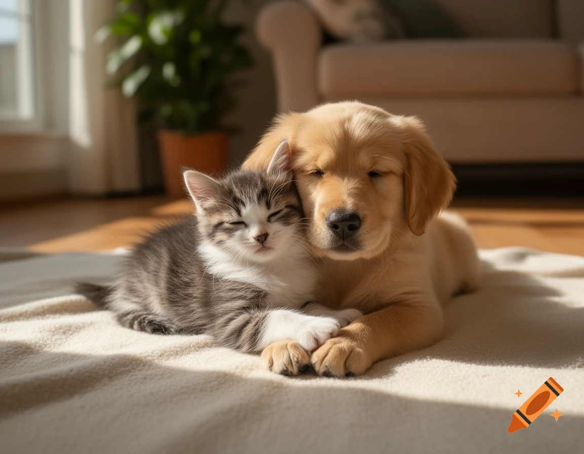 A cute tabby kitten and a golden retriever puppy cuddling on a cream blanket in a sunlit room, both with eyes closed.