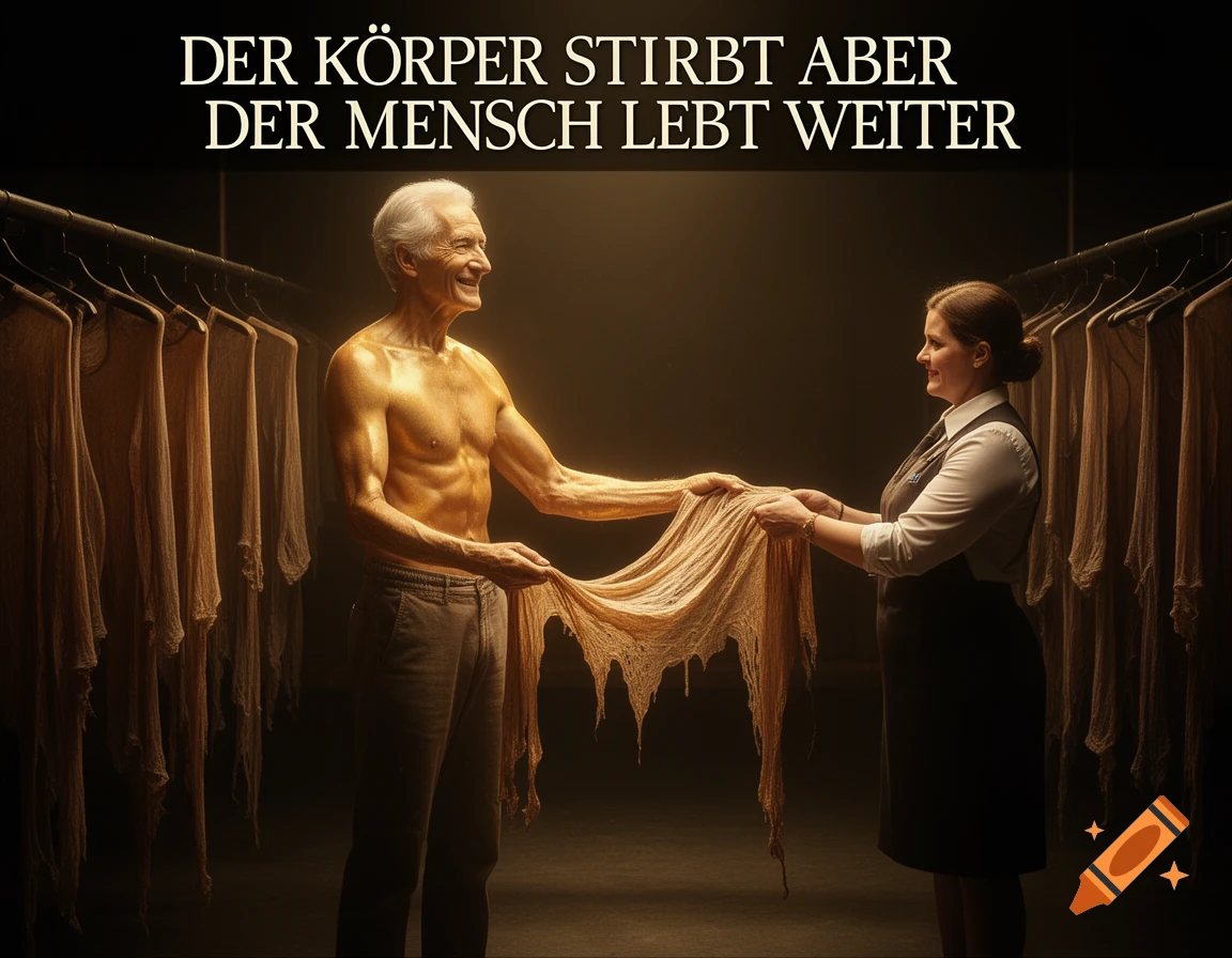 A glowing, muscular man in his 30s hands a piece of fabric representing old skin to a smiling wardrobe attendant, with hanging skins on racks in the background. Overhead text reads: "DER KÖRPER STIRBT ABER DER MENSCH LEBT WEITER"