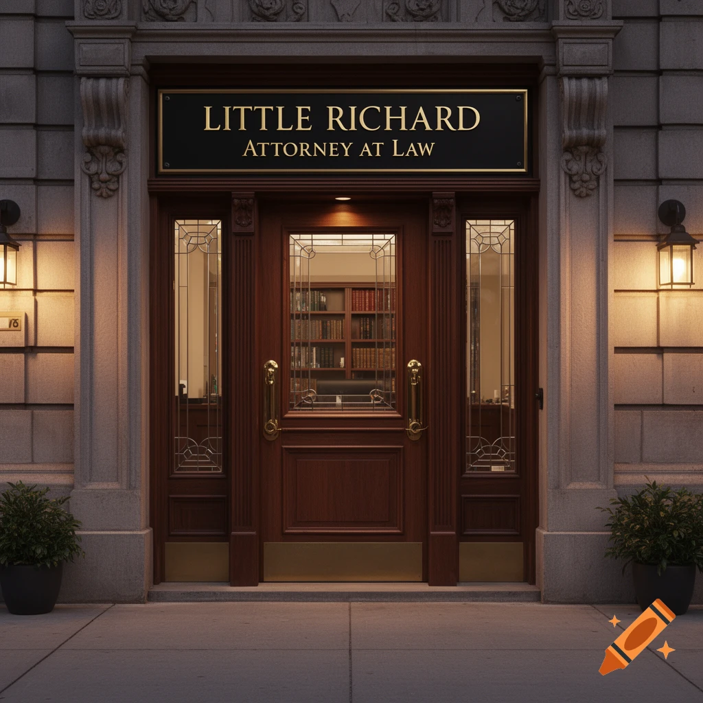 Photorealistic image of the illuminated entrance to Little Richard Attorney at Law, with a wooden door, stone facade, and potted plants.