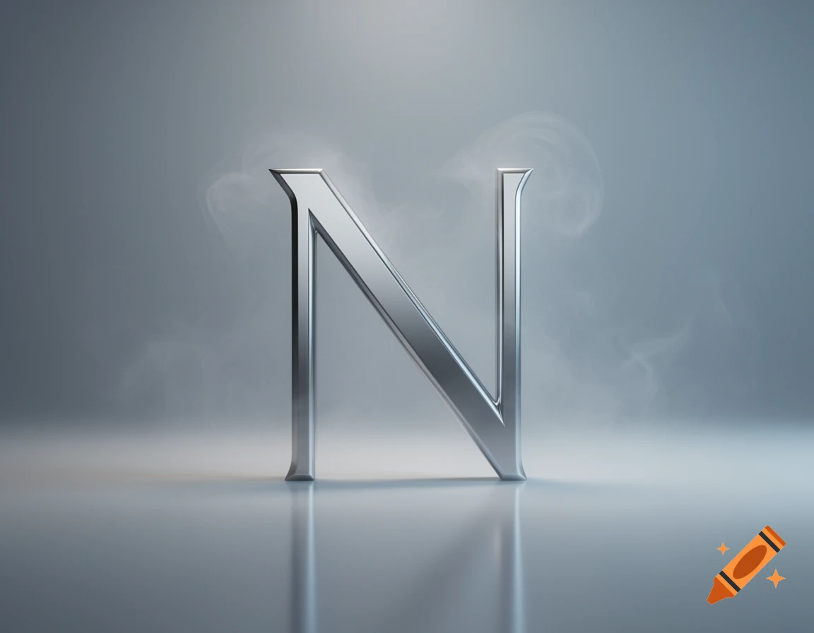 A large, shiny silver uppercase letter N stands on a reflective surface against a smoky gray background.