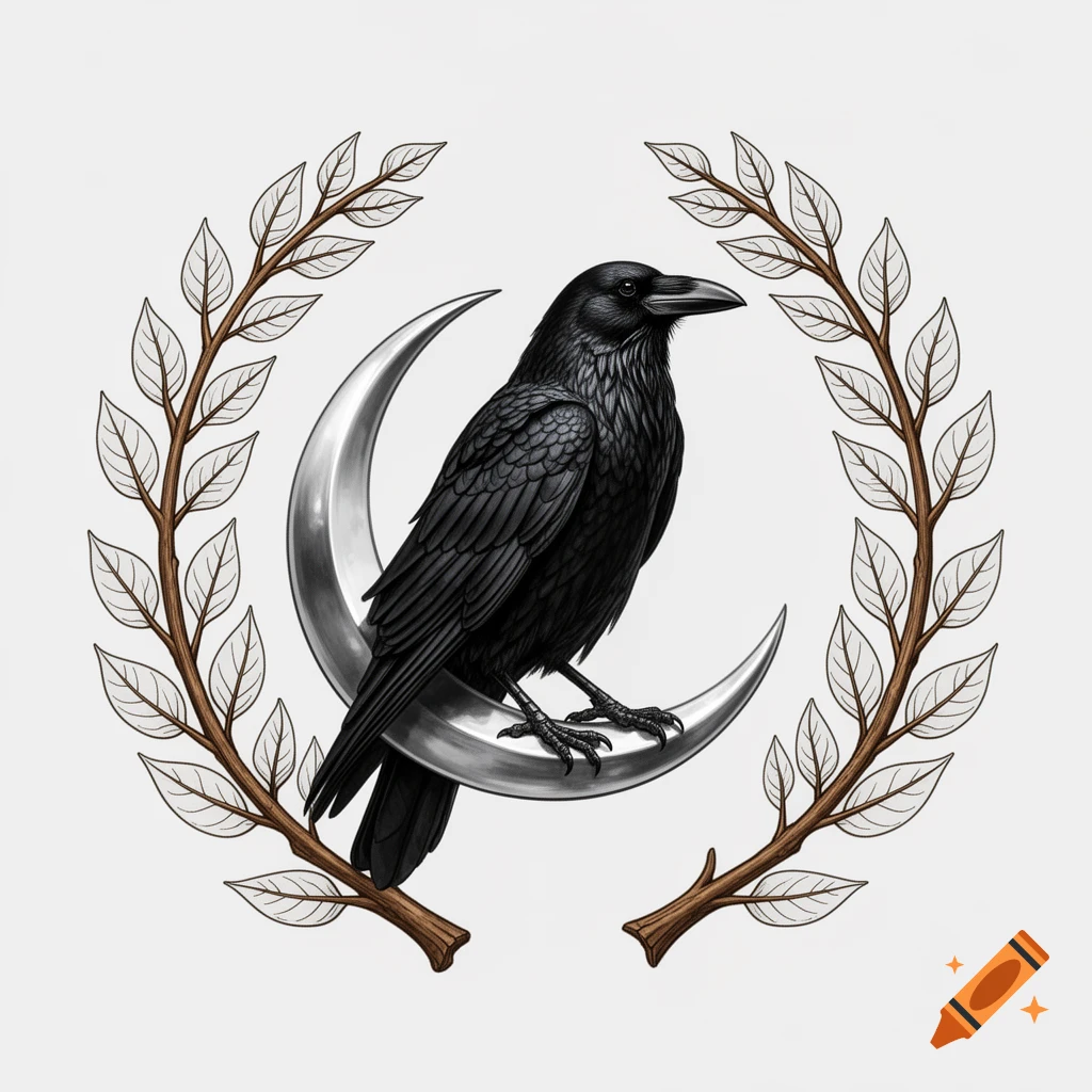 A black raven perches on a silver crescent moon, framed by two intertwined leafy branches, on a white background in a clean illustration style.